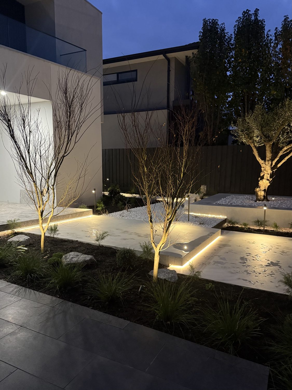 Garden uplighting and LED strip step lighting, front yard eastern suburbs